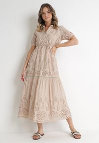 Born2be - Beżowa Haftowana Sukienka Maxi ze Ściągaczem w Talii Erlina. Kolor: beżowy. Materiał: tkanina. Wzór: haft. Sezon: lato. Długość: maxi #5