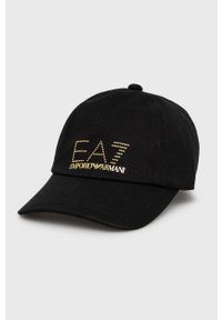 EA7 Emporio Armani czapka bawełniana kolor czarny z aplikacją. Kolor: czarny. Materiał: bawełna. Wzór: aplikacja
