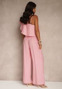 Renee - Różowy Komplet z Wiskozą Top z Falbanką na Jedno Ramię i Spodnie Wide Leg Nirellea. Kolor: różowy. Materiał: wiskoza