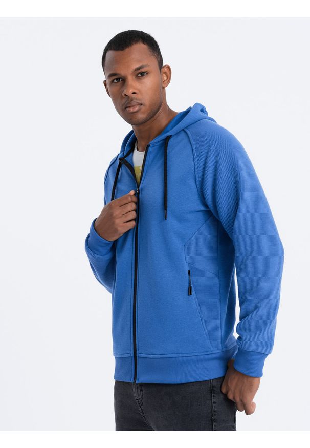 Ombre Clothing - Bluza męska rozpinana z kapturem - niebieska V8 - Rozmiar: XXL. Typ kołnierza: kaptur. Kolor: niebieski. Materiał: tkanina, bawełna, poliester. Wzór: nadruk