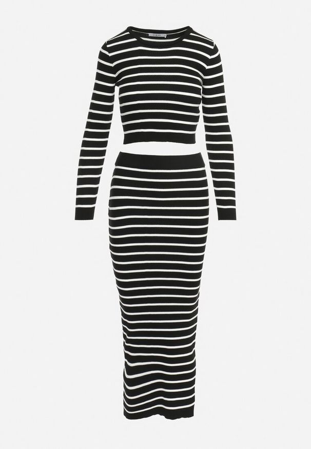 Born2be - Czarno-Biały Dzianinowy Komplet w Paski Sweter i Ołówkowa Spódnica Midi Alalnine. Kolor: czarny. Materiał: dzianina. Wzór: paski