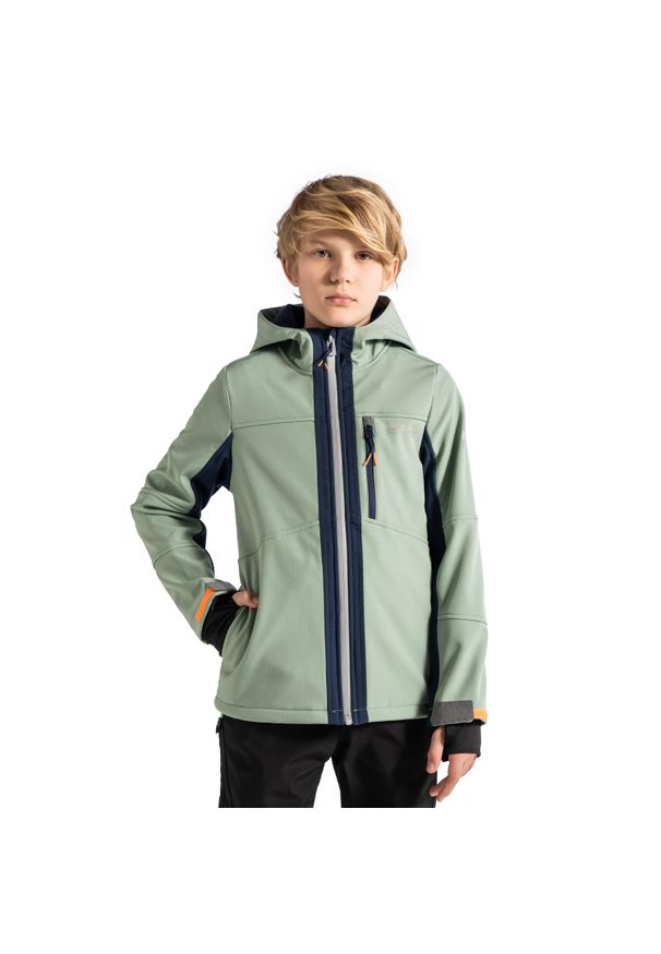 Kurtka turystyczna dla dzieci Lemon Explore WL5 wodoodporna softshell. Kolor: zielony. Materiał: poliester, elastan. Styl: sportowy. Sport: turystyka piesza