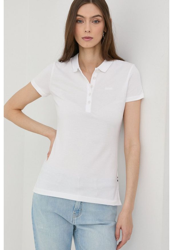 BOSS t-shirt bawełniany 50475176 kolor biały z kołnierzykiem. Kolor: biały. Materiał: bawełna. Długość rękawa: krótki rękaw. Długość: krótkie