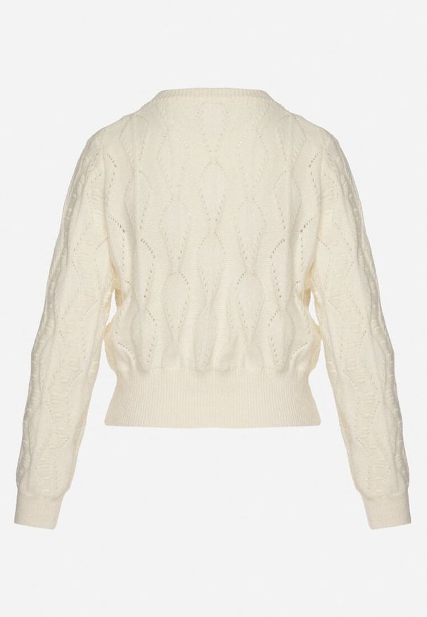 Born2be - Jasnobeżowy Sweter Ozdobiony Tłoczeniem i Kwiatkami Eretina. Okazja: na co dzień. Kolor: beżowy. Materiał: jeans. Wzór: kwiaty, aplikacja. Styl: casual