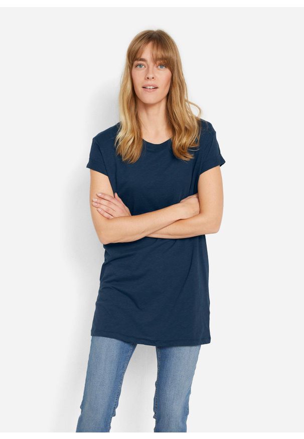 bonprix - Długi T-shirt z czystej bawełny. Kolor: niebieski. Materiał: bawełna. Długość rękawa: krótki rękaw. Długość: krótkie, długie