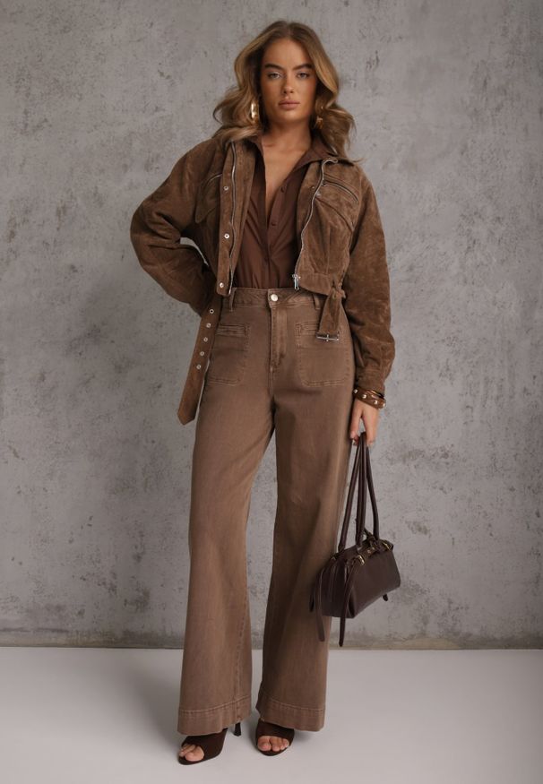 Renee - Brązowe Szerokie Jeansy High Waist z Bawełny Berinnessa. Okazja: na co dzień. Stan: podwyższony. Kolor: brązowy. Długość: krótkie. Styl: casual