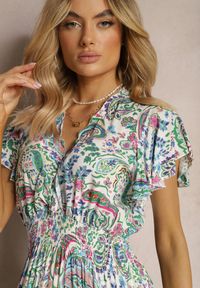 Renee - Biało-Niebieska Letnia Sukienka z Bawełny z Wzorem Paisley i Elastyczną Gumką w Pasie Thetissa. Kolor: biały. Materiał: bawełna. Wzór: paisley. Sezon: lato #4