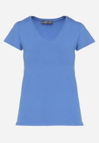 Born2be - Niebieski T-shirt z Bawełny z Dekoltem w Serek Liniviela. Okazja: na co dzień. Typ kołnierza: dekolt w serek. Kolor: niebieski. Materiał: bawełna. Styl: casual