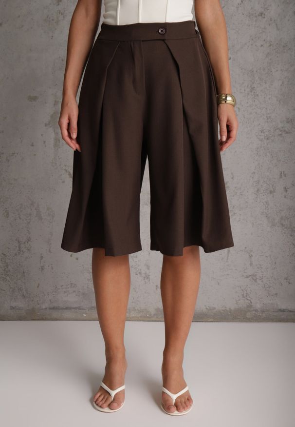 Renee - Brązowe Szeroki Szorty Eleganckie Bermudy High Waist z Zaszewkami w Talii Choniala. Okazja: na spotkanie biznesowe. Stan: podwyższony. Kolor: brązowy. Styl: elegancki