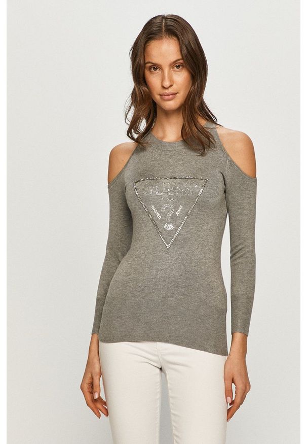 Guess - Sweter. Kolor: szary. Materiał: dzianina. Długość rękawa: długi rękaw. Długość: długie. Wzór: aplikacja