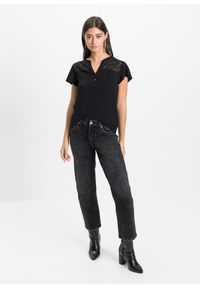 bonprix - T-shirt z dekoltem henley z mieszanki wiskozy. Typ kołnierza: typu henley. Kolor: czarny. Materiał: wiskoza, koronka. Wzór: koronka #3