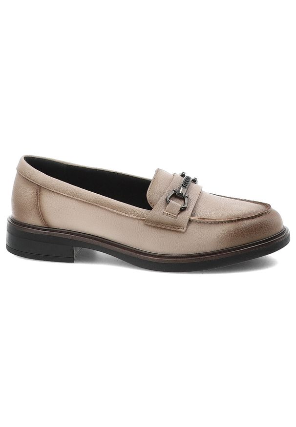 Mokasyny damskie Vinceza, skóra naturalna wsuwany fason klasyczne loafersy ozdobny detal metalowy niski stabilny obcas solidna podeszwa, beżowa, 3998. Okazja: na co dzień, do pracy, na spotkanie biznesowe. Kolor: beżowy. Materiał: skóra. Obcas: na obcasie. Styl: klasyczny. Wysokość obcasa: średni