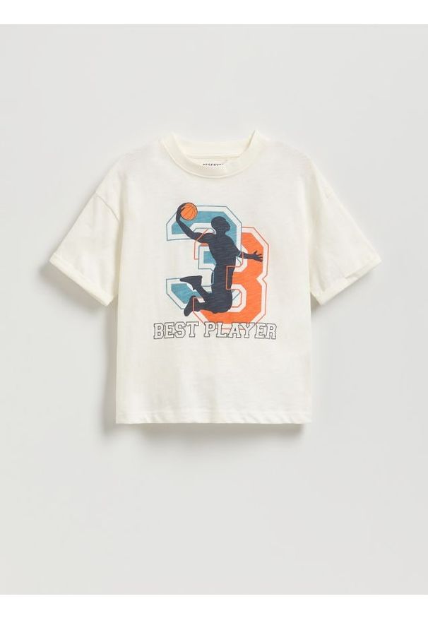 Reserved - Bawełniany t-shirt z nadrukiem - złamana biel. Materiał: bawełna. Wzór: nadruk
