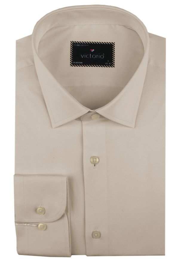 Delikatnie Taliowana Elegancka Koszula Męska - Victorio - Kolor Kawy z Mlekiem. Kolor: brązowy, wielokolorowy, beżowy. Materiał: bawełna, elastan, poliester. Styl: elegancki