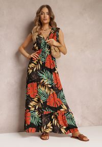 Renee - Czarna Kopertowa Sukienka Maxi z Wiskozy z Gumkami w Talii Leamone. Typ kołnierza: kołnierz z falbankami. Kolor: czarny. Materiał: wiskoza. Długość rękawa: bez rękawów. Typ sukienki: kopertowe. Długość: maxi #3