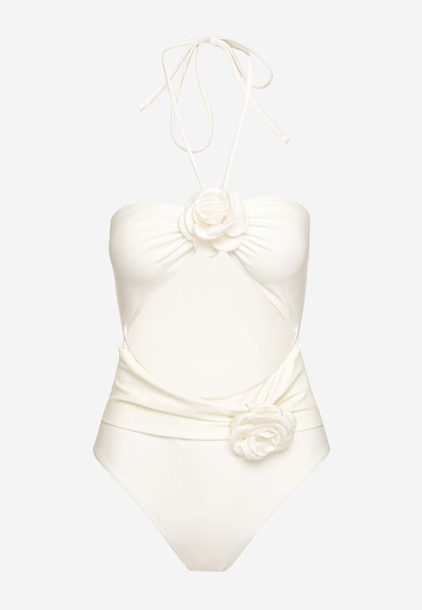 Renee - Jasnobeżowy Jednoczęściowy Strój Kąpielowy z Ozdobnymi Wycięciami i Chokerem w Kształcie Róży Irisjoy. Kolor: beżowy. Wzór: geometria