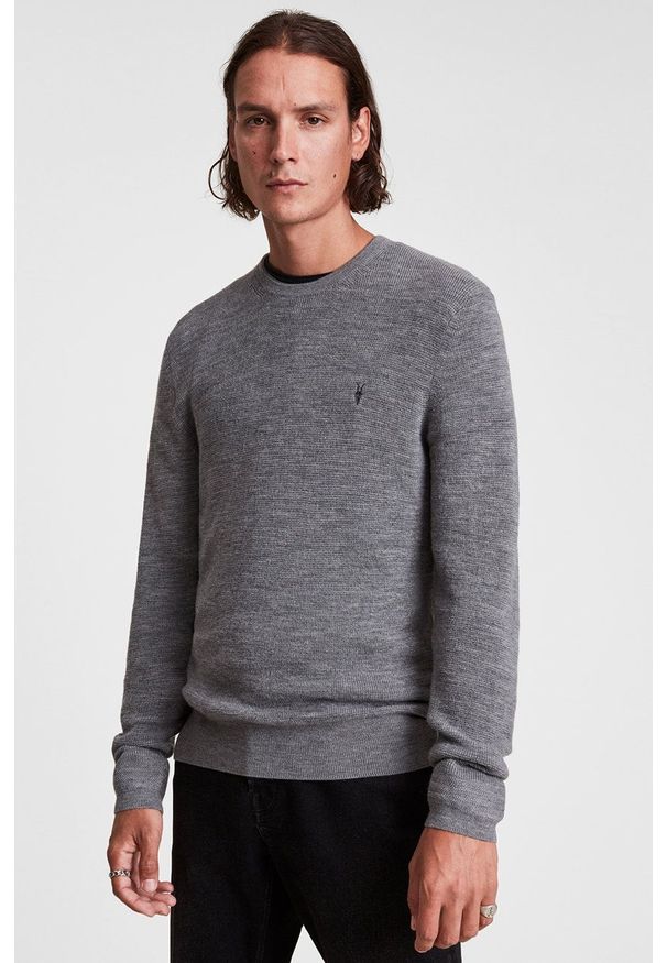 AllSaints Sweter wełniany męski kolor czarny. Okazja: na co dzień. Kolor: czarny. Materiał: wełna. Długość rękawa: długi rękaw. Długość: długie. Styl: casual