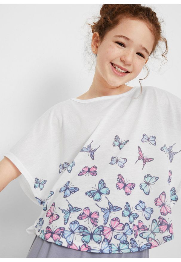 bonprix - Shirt plażowy dziewczęcy. Okazja: na plażę. Kolor: biały. Materiał: materiał. Wzór: nadruk. Styl: elegancki