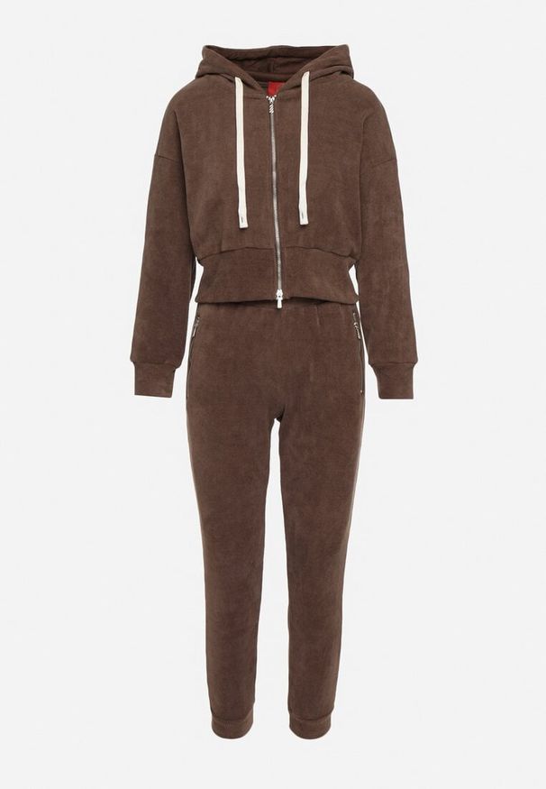 Born2be - Brązowy Komplet Dresowy z Bawełną Bluza z Kapturem i Spodnie z Gumką w Talii Neseria. Kolor: brązowy. Materiał: dresówka, bawełna