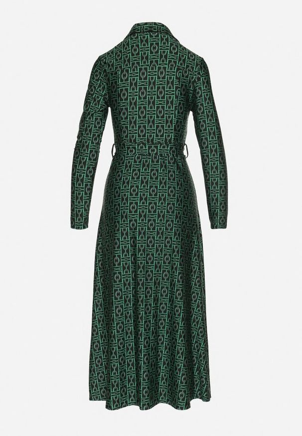 Born2be - Zielona Sukienka Koszulowa w Mozaikowy Wzór z Wiązanym Paskiem Sailise. Okazja: na co dzień. Kolor: zielony. Materiał: skóra. Typ sukienki: koszulowe. Styl: elegancki, casual