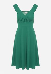 Born2be - Zielona Koktajlowa Sukienka na Ramiączkach z Kopertowym Dekoltem i Falbanką Omemia. Kolor: zielony. Długość rękawa: na ramiączkach. Typ sukienki: kopertowe. Styl: wizytowy #4
