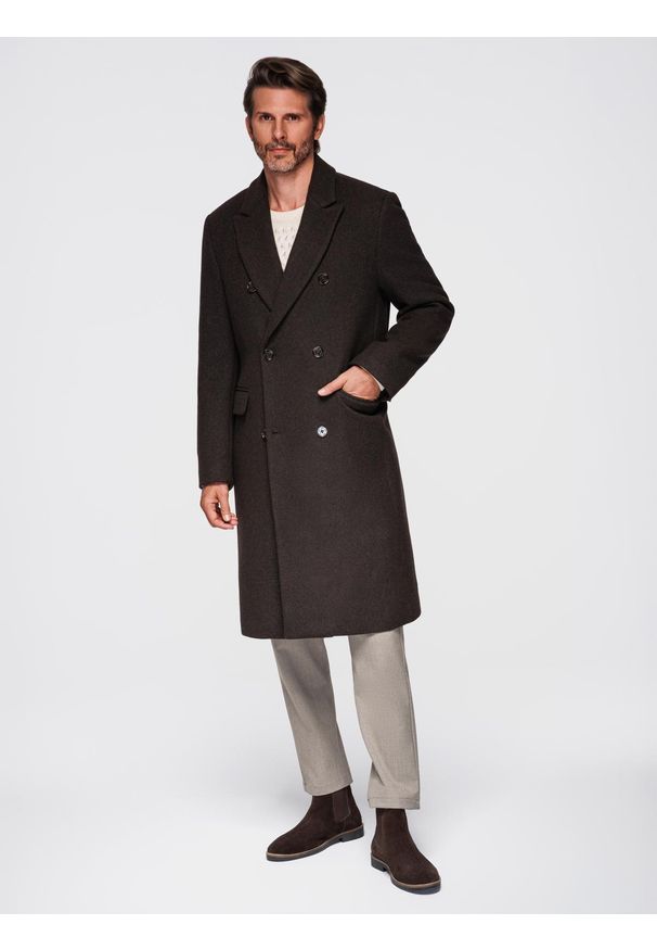 Ombre Clothing - Męski dwurzędowy płaszcz z wełną - ciemnobrązowy V3 - Rozmiar: XL. Okazja: na co dzień. Kolor: brązowy. Materiał: wełna. Wzór: ze splotem. Styl: casual, klasyczny