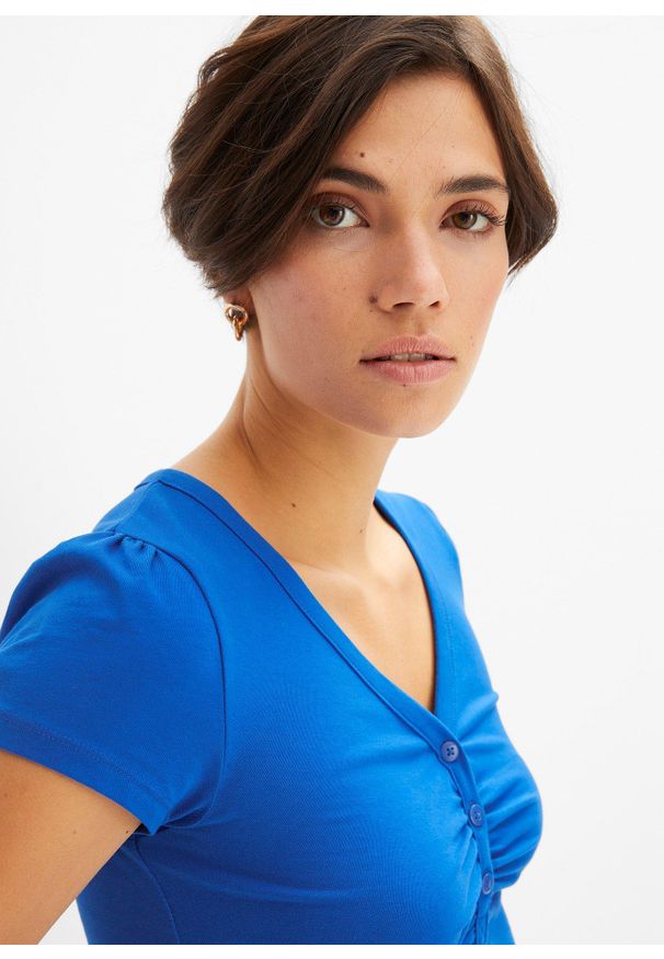 bonprix - Shirt z plisą guzikową, z bawełny organicznej. Typ kołnierza: dekolt w serek. Kolor: niebieski. Materiał: bawełna