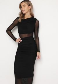 Born2be - Czarno-Beżowa Dopasowana Sukienka Maxi z Siateczki Stolisse. Okazja: na imprezę. Kolor: czarny. Materiał: wiskoza. Typ sukienki: proste. Styl: klasyczny, elegancki. Długość: maxi #5