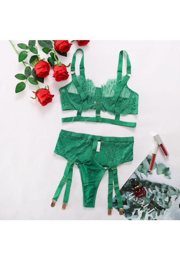 Intica - Komplet bielizny koronkowej na specjalne okazje Hajnal. Kolor: zielony. Materiał: koronka. Wzór: paski