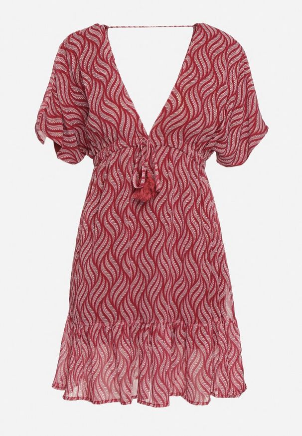 Born2be - Czerwona Sukienka Mini o Kroju Nietoperza z Dekoltem V z Troczkami Ainella. Kolor: czerwony. Styl: elegancki. Długość: mini