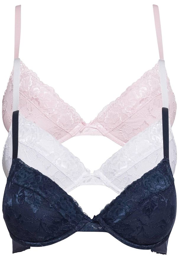 bonprix - Biustonosz push up z delikatną koronką (3 szt.). Kolor: niebieski. Materiał: bawełna, koronka. Rodzaj stanika: push-up. Wzór: koronka