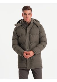 Ombre Clothing - Długa ciepła męska kurtka typu parka z wełną – ciemnooliwkowy melanż V4 - Rozmiar: M. Kolor: oliwkowy. Materiał: wełna. Długość: długie. Wzór: melanż