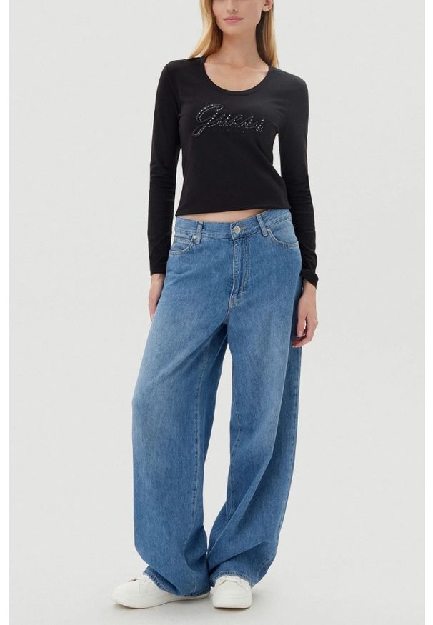 Guess - GUESS Czarny damski longsleeve Embro Script, Rozmiar M. Kolor: czarny. Długość rękawa: długi rękaw