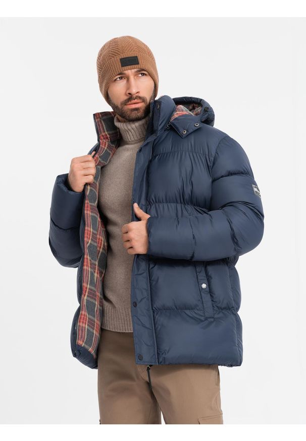 Ombre Clothing - Kurtka męska puffer z podszewką w kratę – granatowa V1 - Rozmiar: S. Kolor: niebieski. Materiał: guma, poliester, materiał, bawełna, syntetyk, nylon. Długość: długie. Wzór: aplikacja