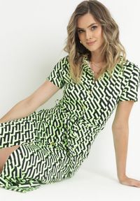 Born2be - Zielona Koszulowa Sukienka Midi z Rozkloszowanym Dołem i Materiałowym Paskiem Summita. Kolor: zielony. Materiał: materiał. Typ sukienki: koszulowe. Długość: midi #3