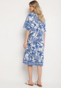 Born2be - Niebieska Sukienka o Pudełkowym Kroju z Wiązaniem przy Dekolcie w Roślinny Wzór Mirionela. Kolor: niebieski. Długość rękawa: krótki rękaw #2