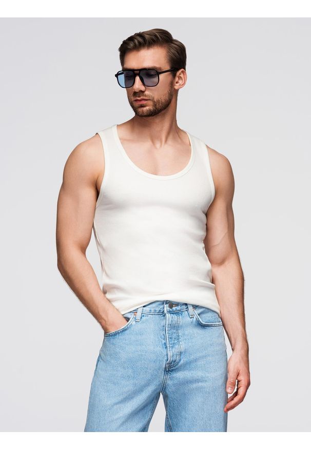 Ombre Clothing - Męska bawełniana koszulka basic na ramiączkach – biała V1. Kolor: biały. Materiał: bawełna. Długość rękawa: na ramiączkach. Sezon: lato