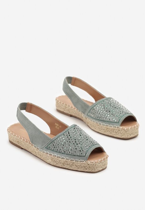 Born2be - Niebieskie Sandały Typu Espadryle na Plecionej Podeszwie Zdobione Cyrkoniami Aneolena. Okazja: na spotkanie biznesowe, na co dzień. Zapięcie: pasek. Kolor: niebieski. Wzór: aplikacja. Styl: biznesowy, casual, elegancki