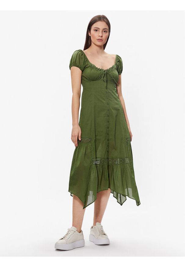 BDG Urban Outfitters Sukienka letnia BDG CARMEN BOHEMIA MIDI 76476704 Zielony Basic Fit. Typ kołnierza: typu carmen. Kolor: zielony. Materiał: bawełna. Sezon: lato. Długość: midi