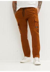 bonprix - Spodnie bojówki z gumką w talii Regular Fit Straight. Kolor: brązowy. Wzór: aplikacja