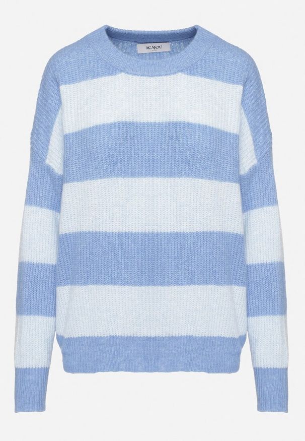 Born2be - Niebieski Sweter w Pasy z Wełną Zakończony Ściągaczem Tiaelle. Okazja: na spotkanie biznesowe, na co dzień. Kolor: niebieski. Materiał: wełna. Styl: klasyczny, biznesowy, casual