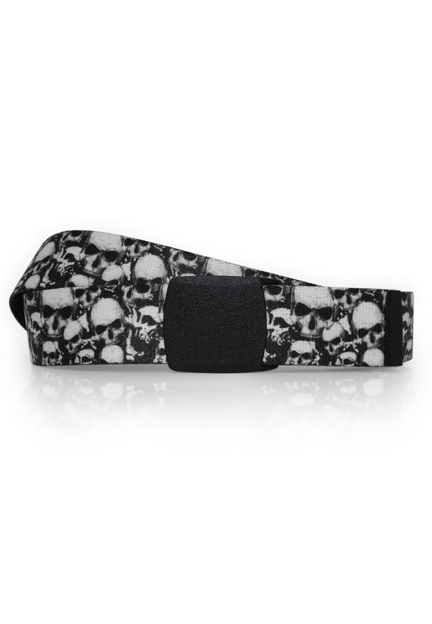 Modini - Parciany pasek do spodni z czarną klamrą - czaszki PT21. Kolor: czarny