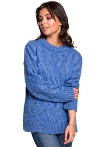 BE Knit - Sweter damski wełniany luźny fason ciepły puszysty niebieski. Kolekcja: plus size. Kolor: niebieski. Materiał: wełna. Długość rękawa: długi rękaw. Długość: długie. Wzór: ze splotem. Sezon: jesień, zima. Styl: klasyczny #5