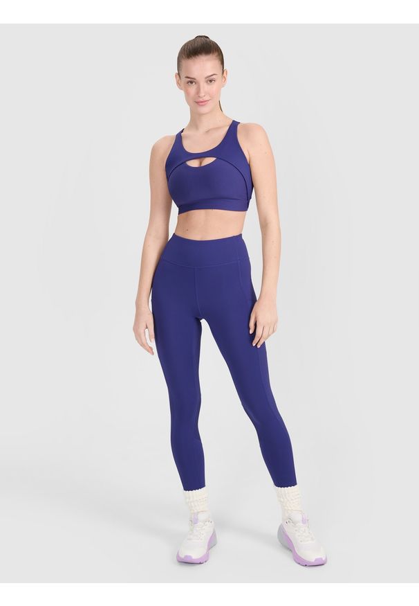 4f - 4F Legginsy treningowe z wysokim stanem damskie - granatowe XL. Stan: podwyższony. Kolor: niebieski. Materiał: dzianina, włókno, syntetyk, materiał, elastan. Wzór: ze splotem. Sport: fitness