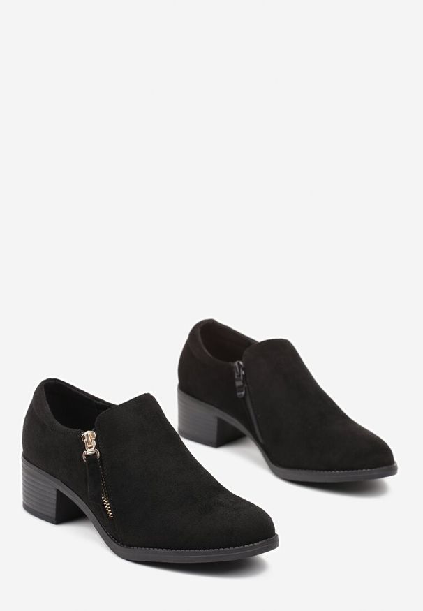 Born2be - Czarne Półbuty na Niskim Słupku z Ozdobnym Suwakiem Aricca. Okazja: na co dzień. Kolor: czarny. Materiał: jeans. Obcas: na słupku. Styl: elegancki, casual