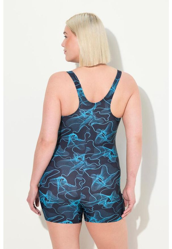 ULLA POPKEN - Damski Strój kąpielowy fale krótka nogawka bez miękkich miseczek krój bokserski. Kolekcja: plus size. Kolor: czarny. Materiał: elastan, poliamid, materiał. Długość: krótkie