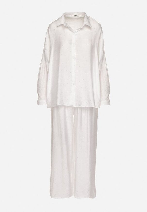 Born2be - Biały Komplet o Kroju Oversize Koszula i Spodnie Ulosarenia. Kolor: biały. Wzór: aplikacja