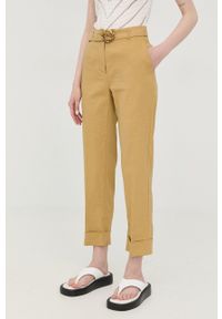 Pinko spodnie lniane damskie kolor żółty proste high waist. Okazja: na co dzień. Stan: podwyższony. Kolor: żółty. Materiał: len. Styl: casual