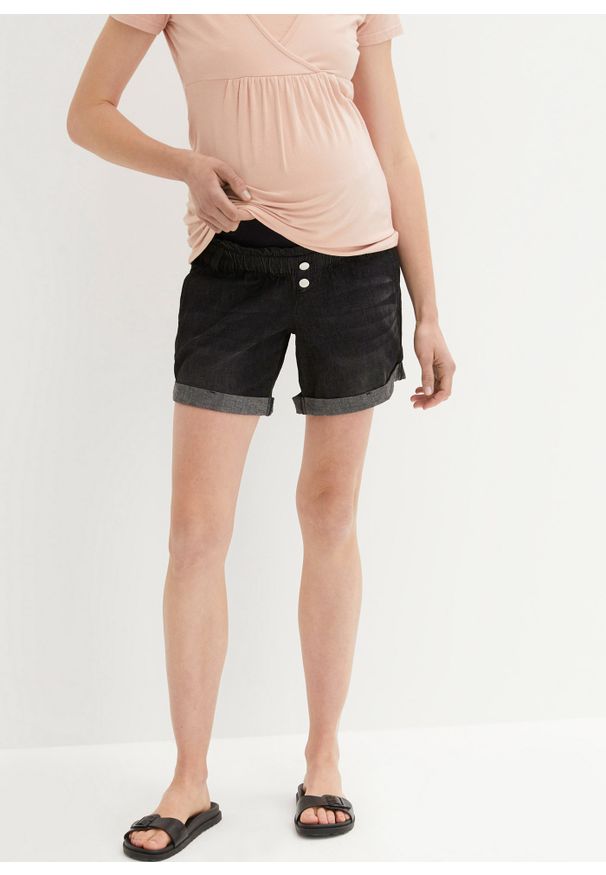 bonprix - Szorty dżinsowe ciążowe paperbag. Kolekcja: moda ciążowa. Kolor: czarny