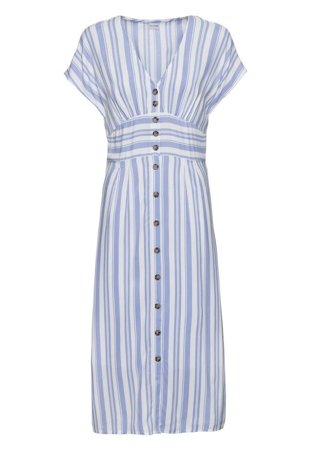 Sukienka z nadrukiem bonprix jasnoniebiesko-biały w paski. Kolor: fioletowy. Wzór: nadruk, paski